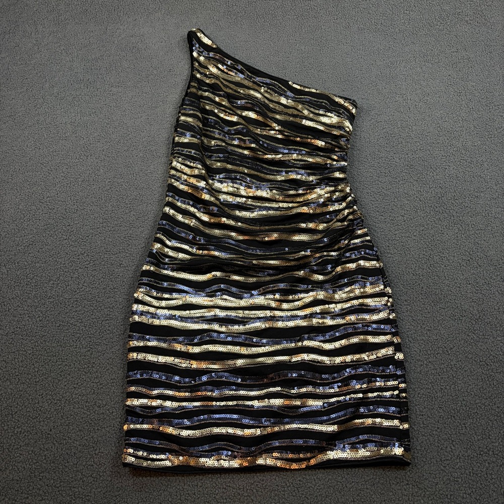 Laundry Shelli Segal Dress Womens 6 Black Gold Sequin One Shoulder Ruched Mini
